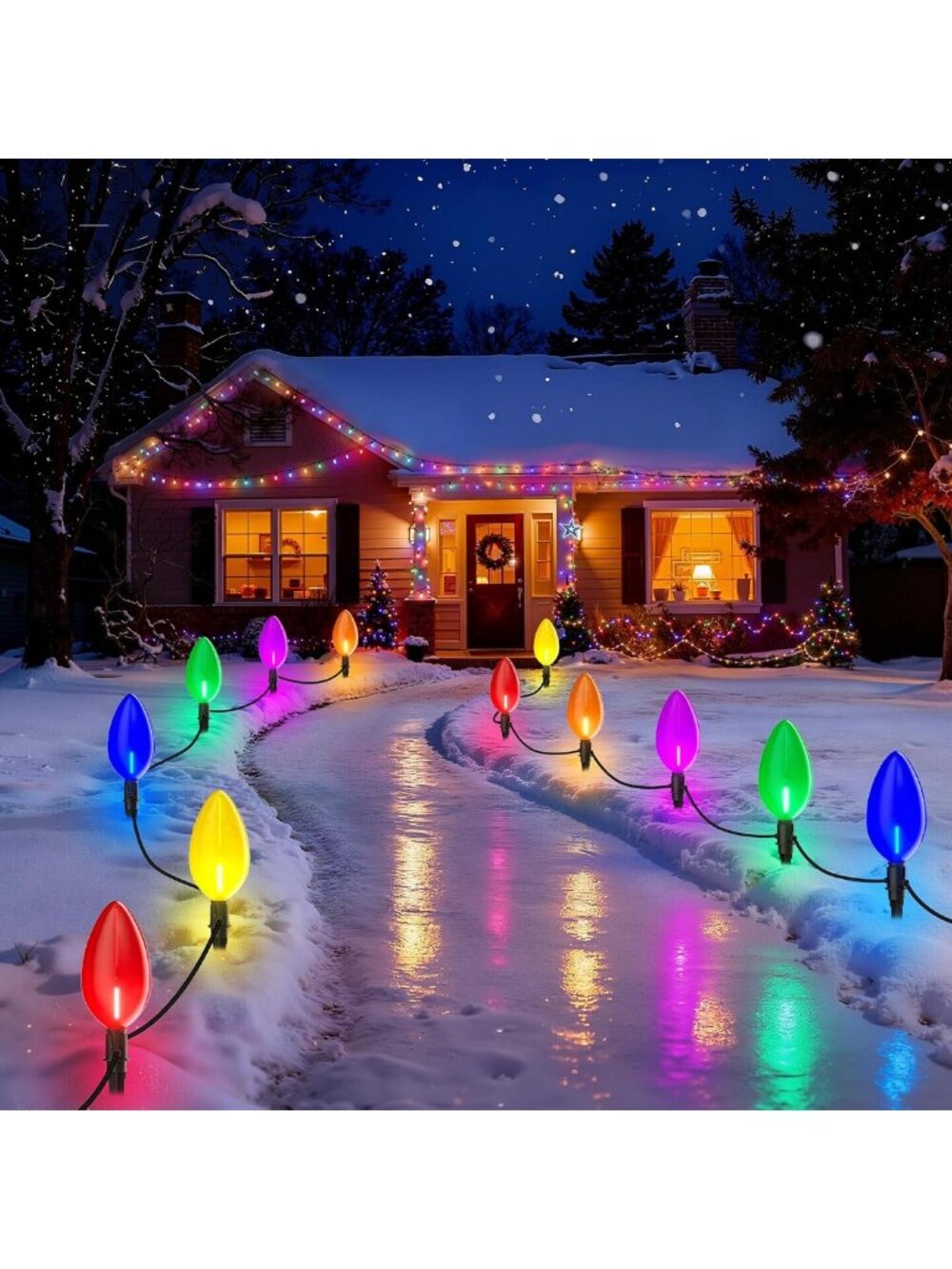 23FT Connectable Jumbo C9 Christmas Pathway Lights - 12 Multicolor LED Bulbs for